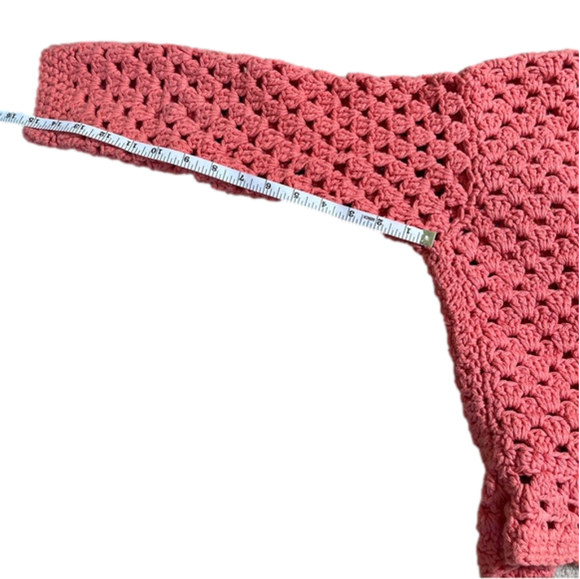 VINTAGE Hand Knit Open Weave Coral Pink Button Up Cardigan with Crochet Flowers - Picture 8 of 8